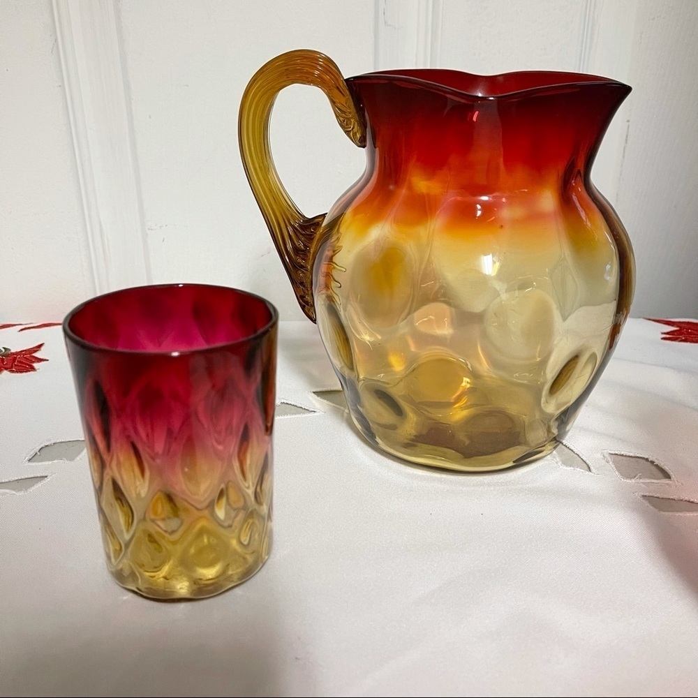 Antique Amberina Pitcher & Tumbler Inverted Thumbprint Pattern Victorian